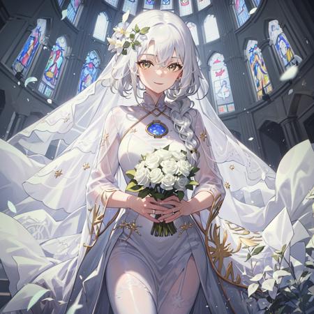 63138-3002594294-masterpiece, best quality,1girl,solo,EOS,braid, white hair, light smile, church,wedding dress, holding flower,.png